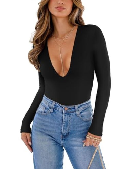 REORIA Women's Sexy Plunge Deep V Neck Long Sleeve Bodysuit Double Lined Going Out T Shirt Tops