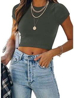 Women's Cute Short Sleeve High Neck Double Lined Tight T Shirts Crop Tops Tees