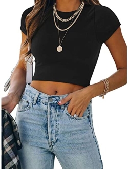 Women's Cute Short Sleeve High Neck Double Lined Tight T Shirts Crop Tops Tees