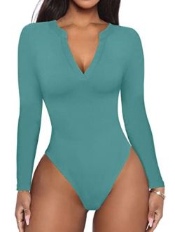 Women's Casual Sexy V Neck Long Sleeve Work Ribbed Fitted Thong Bodysuit Tops