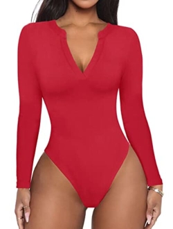 Women's Casual Sexy V Neck Long Sleeve Work Ribbed Fitted Thong Bodysuit Tops