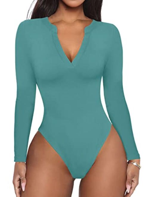 REORIA Women's Casual Sexy V Neck Long Sleeve Work Ribbed Fitted Thong Bodysuit Tops