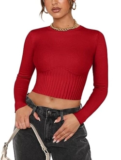 Women's Trendy Fall Crew Neck Cropped Sweater Long Sleeve Ribbed Knit Pullover Basic Crop Tops