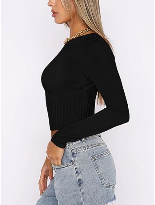 REORIA Women's Trendy Fall Crew Neck Cropped Sweater Long Sleeve Ribbed Knit Pullover Basic Crop Tops