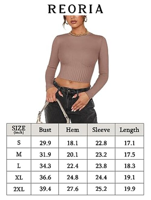 REORIA Women's Trendy Fall Crew Neck Cropped Sweater Long Sleeve Ribbed Knit Pullover Basic Crop Tops
