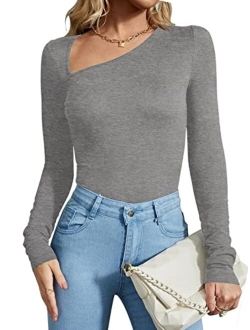 Women's Classy Asymmetrical Neck Long Sleeve Ribbed Slimming Thong Bodysuit Tops