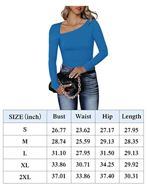REORIA Women's Classy Asymmetrical Neck Long Sleeve Ribbed Slimming Thong Bodysuit Tops