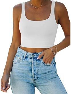 Womens Sexy Square Neck Double Lined Seamless Sleeveless Cropped Tank Yoga Crop Tops