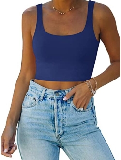 Womens Sexy Square Neck Double Lined Seamless Sleeveless Cropped Tank Yoga Crop Tops