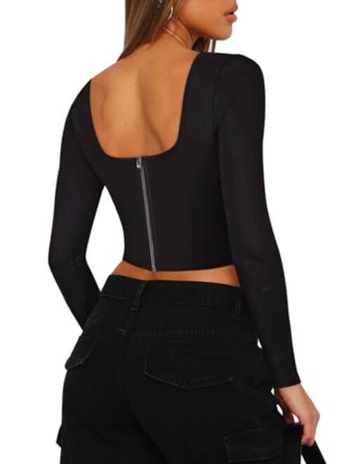 REORIA Womens Sexy Square Neck Long Sleeve Backless Y2K Going Out Boned Bustier Corset Crop Tops -
