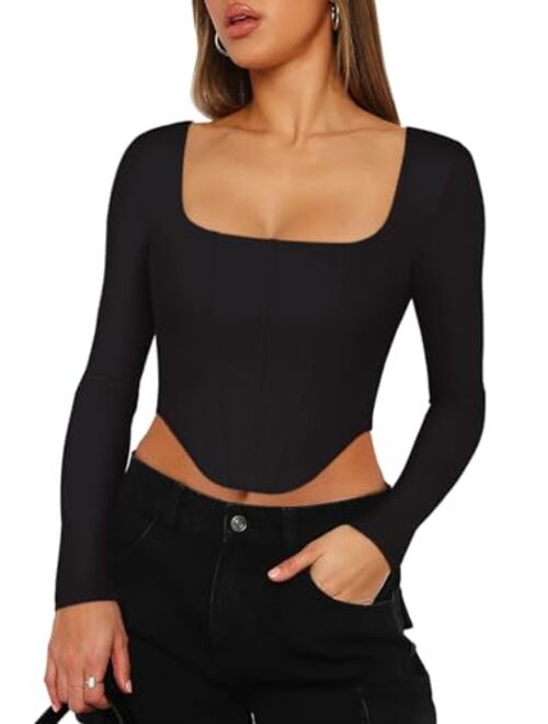 REORIA Womens Sexy Square Neck Long Sleeve Backless Y2K Going Out Boned Bustier Corset Crop Tops -