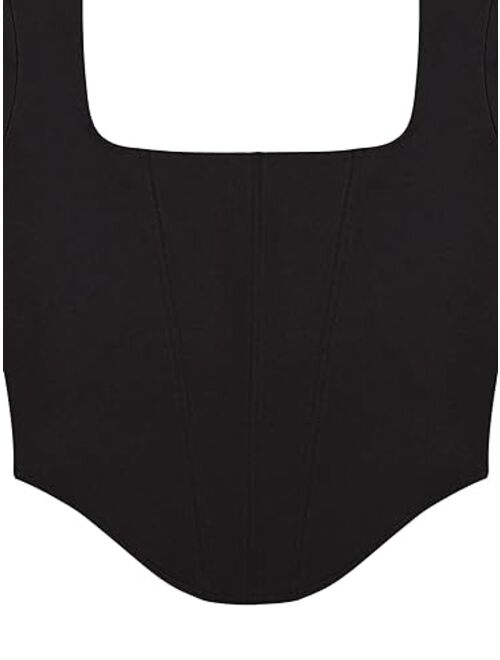 REORIA Womens Sexy Square Neck Long Sleeve Backless Y2K Going Out Boned Bustier Corset Crop Tops -