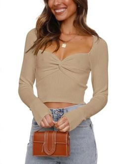 Women's Sexy Sweetheart Neck Cropped Sweater Long Sleeve Ribbed Knit Twisted Knot Front Pullover Crop top