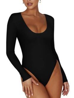 Womens Sexy Scoop Neck Long Sleeve Double Lined Stretchy Shirt Tops Going Out Bodysuits