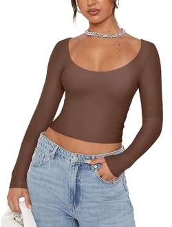 Womens Sexy Scoop Neck Long Sleeve Double Lined Basic Shirts Fitted Y2K Trendy Crop Tops