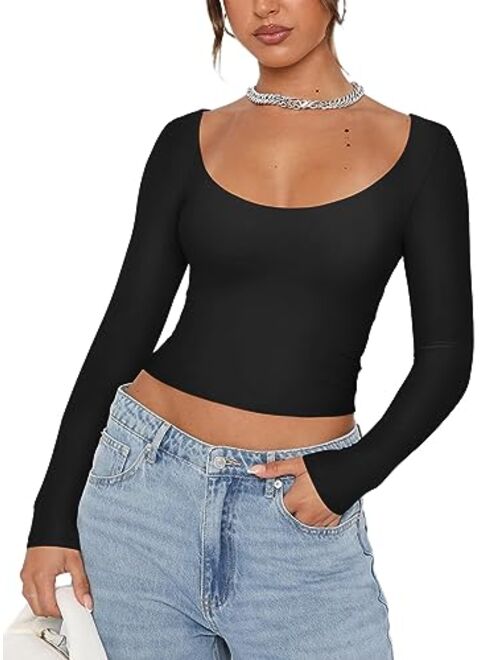 REORIA Womens Sexy Scoop Neck Long Sleeve Double Lined Basic Shirts Fitted Y2K Trendy Crop Tops