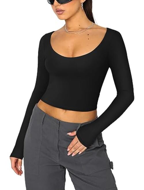 REORIA Womens Sexy Scoop Neck Long Sleeve Double Lined Basic Shirts Fitted Y2K Trendy Crop Tops