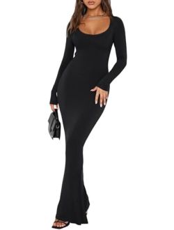 Womens Sexy Square Neck Long Sleeve Soft Lounge Long Dress Fall Casual Ribbed Bodycon Maxi Dresses