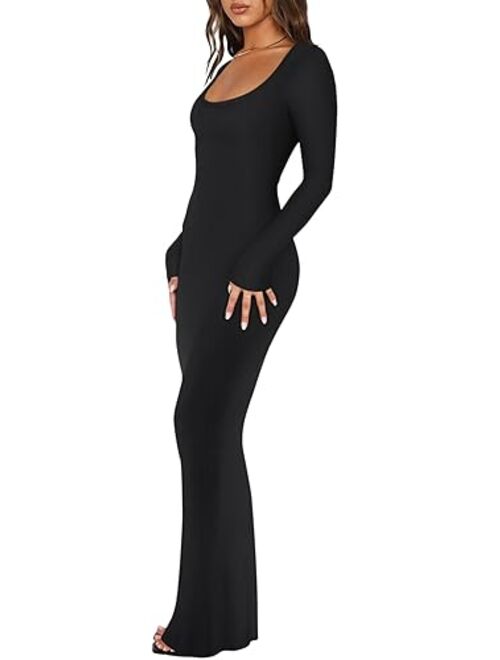 REORIA Womens Sexy Square Neck Long Sleeve Soft Lounge Long Dress Fall Casual Ribbed Bodycon Maxi Dresses