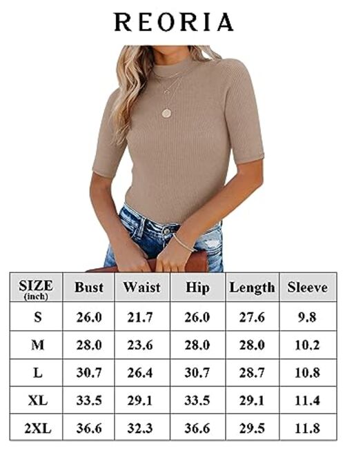 REORIA Women's Basic Mock Neck Half Sleeve Slim-Fit Leotards Tops Dressy Casual Ribbed Knit Bodysuit Shirts
