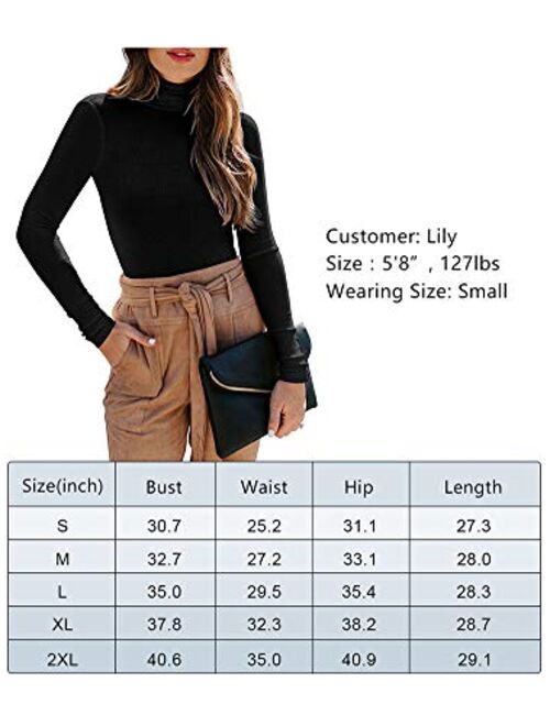 REORIA Women's Long Sleeve Ribbed Turtleneck Leotard Stretchy Bodysuit Tops Jumpsuits