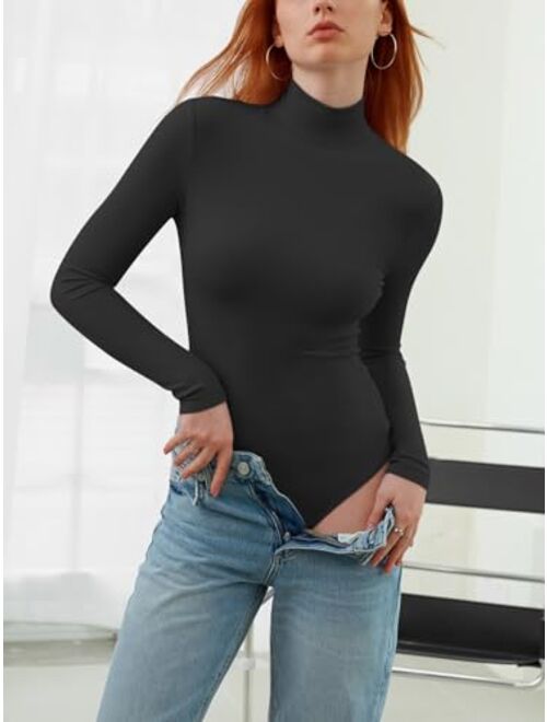 REORIA Womens Casual Mock Turtle Neck Long Sleeve Ribbed Slim Fit Tops Going Out Bodysuits Jumpsuit