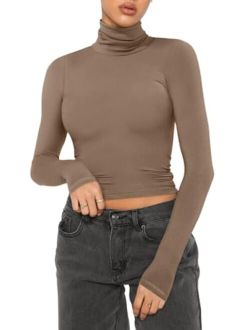 Women's Fall Turtleneck Long Sleeve Ribbed Slim Fitted Tshirts Trendy Basic Y2K Crop Top