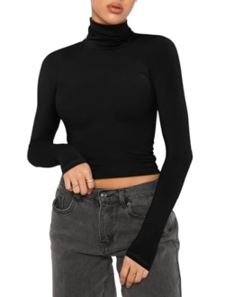 Women's Fall Turtleneck Long Sleeve Ribbed Slim Fitted Tshirts Trendy Basic Y2K Crop Top