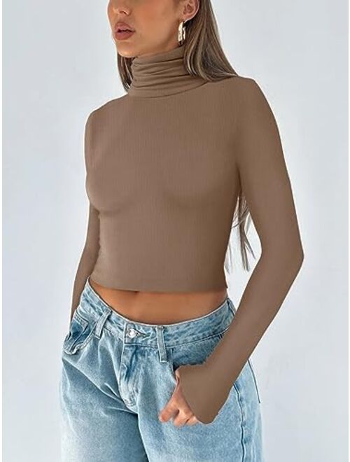 REORIA Women's Fall Turtleneck Long Sleeve Ribbed Slim Fitted Tshirts Trendy Basic Y2K Crop Top