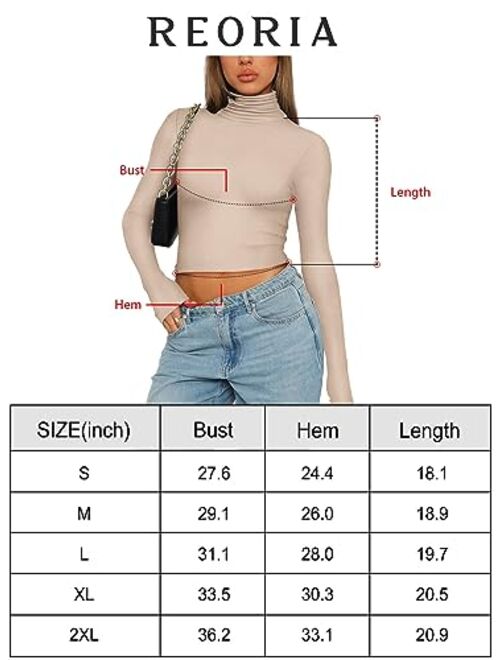 REORIA Women's Fall Turtleneck Long Sleeve Ribbed Slim Fitted Tshirts Trendy Basic Y2K Crop Top
