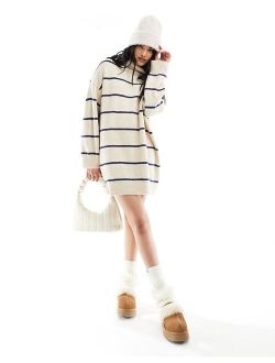 knitted roll neck sweater dress in sand stripe