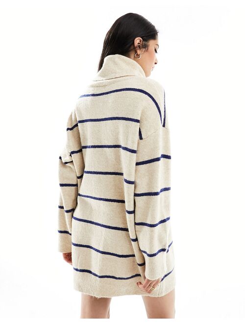Pull&Bear knitted roll neck sweater dress in sand stripe