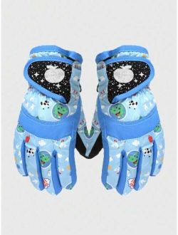 Shein 1pair Kids' Dinosaur Print Waterproof Thickened Winter Warm Gloves, Suitable For Cycling, Skating, And Skiing