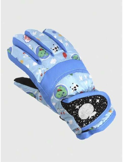 Shein 1pair Kids' Dinosaur Print Waterproof Thickened Winter Warm Gloves, Suitable For Cycling, Skating, And Skiing