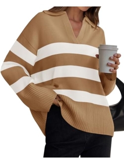 Women's 2024 Winter Striped Sweaters Lapel V Neck Long Sleeve Chunky Knit Oversized Pullover Sweater Jumper Tops