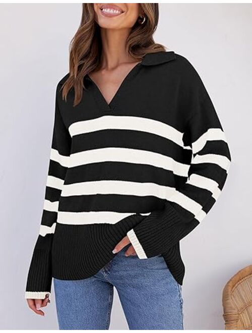 ZESICA Women's 2024 Winter Striped Sweaters Lapel V Neck Long Sleeve Chunky Knit Oversized Pullover Sweater Jumper Tops