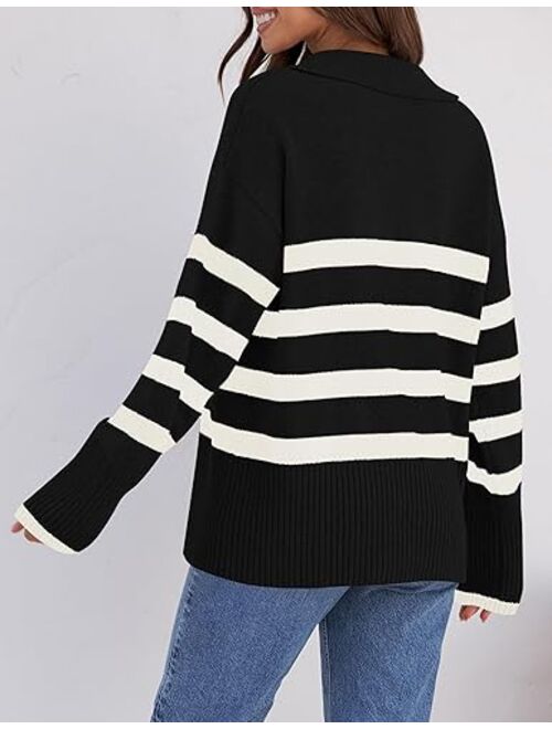 ZESICA Women's 2024 Winter Striped Sweaters Lapel V Neck Long Sleeve Chunky Knit Oversized Pullover Sweater Jumper Tops