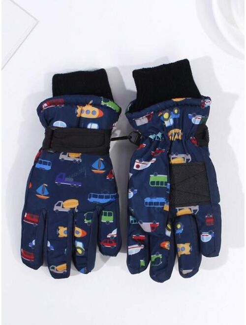 Shein 1pair Children'S Winter Rocket & Bus Printed Warm Snow Gloves For Boys, Windproof Fingerless Ski Gloves