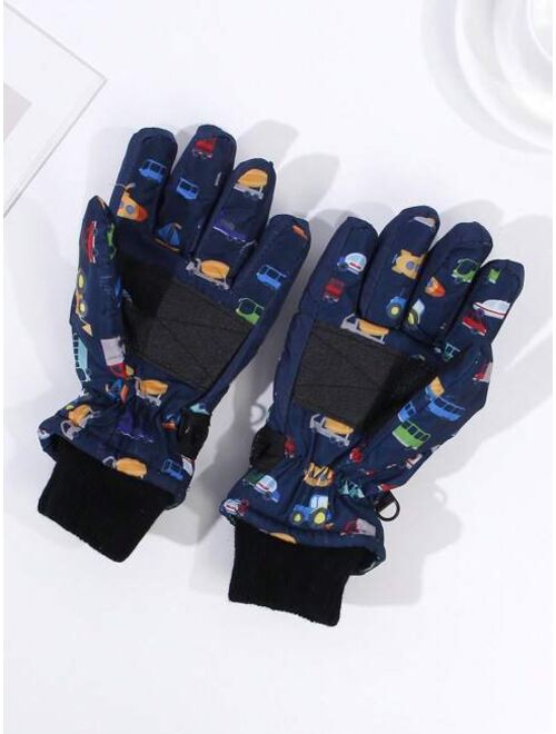 Shein 1pair Children'S Winter Rocket & Bus Printed Warm Snow Gloves For Boys, Windproof Fingerless Ski Gloves
