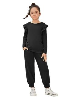 QPANCY Girls 2 Piece Outfits Stylish Tracksuit Ruffle Pullover Sweatshirt Kids Sweatsuit Sweatpants Clothing Sets