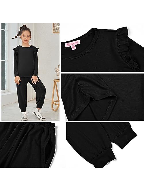 QPANCY Girls 2 Piece Outfits Stylish Tracksuit Ruffle Pullover Sweatshirt Kids Sweatsuit Sweatpants Clothing Sets