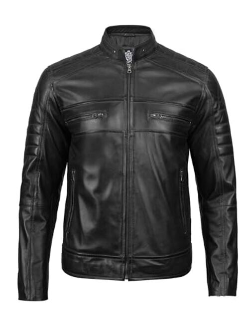 Blingsoul Leather Jacket Men - Distressed Cafe Racer Leather Motorcycle Jacket Men