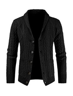 JMIERR Men's Casual Long Sleeve Shawl Collar Buttons Down Cable Knit Cardigan Sweater with Pockets