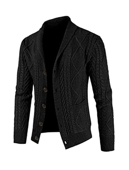 JMIERR Men's Casual Long Sleeve Shawl Collar Buttons Down Cable Knit Cardigan Sweater with Pockets