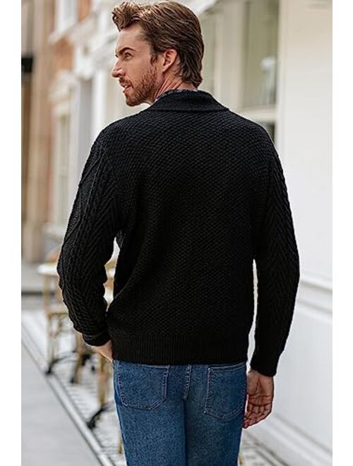 JMIERR Men's Casual Long Sleeve Shawl Collar Buttons Down Cable Knit Cardigan Sweater with Pockets