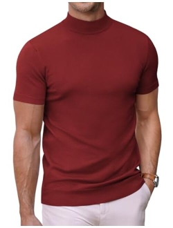 Mens Mock Turtleneck Sweater Short Sleeve Solid Color T-Shirts Basic Slim Fit Knitted Pullover Tees