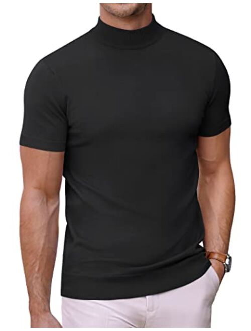 COOFANDY Mens Mock Turtleneck Sweater Short Sleeve Solid Color T-Shirts Basic Slim Fit Knitted Pullover Tees