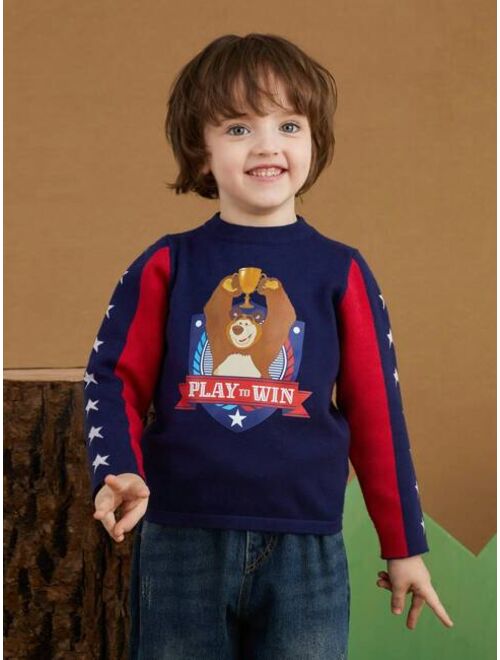 SHEIN X Masha and The Bear Young Boy Cartoon & Letter Pattern Contrast Sleeve Sweater