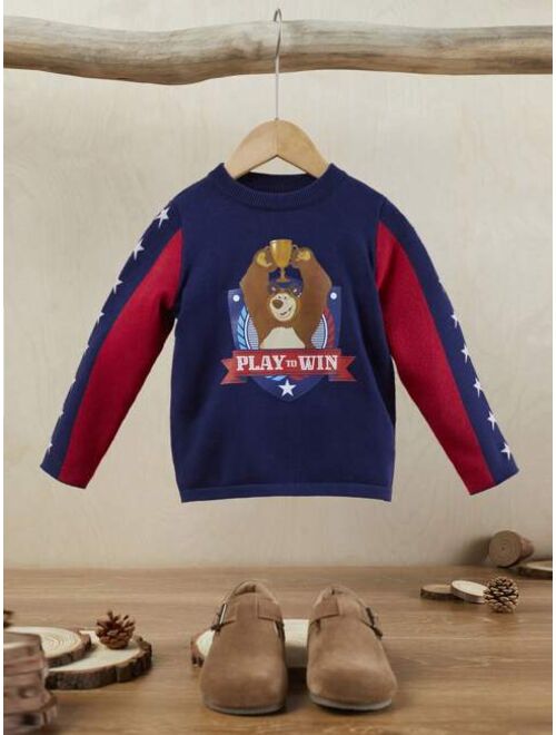 SHEIN X Masha and The Bear Young Boy Cartoon & Letter Pattern Contrast Sleeve Sweater
