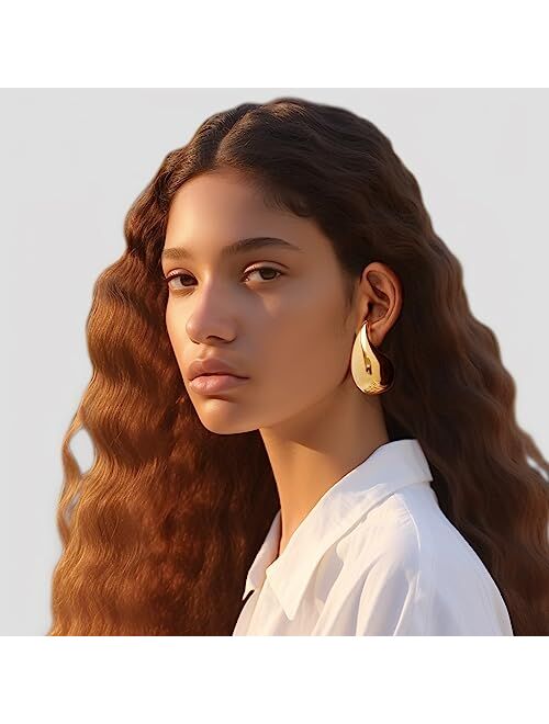 Diowus Tear Drop Earrings for Women, Chunky Gold Hoop Polishing Hypoallergenic Lightweight Waterdrop Trending Oversized Hollow Open Hoops Dupes Girl Jewelry